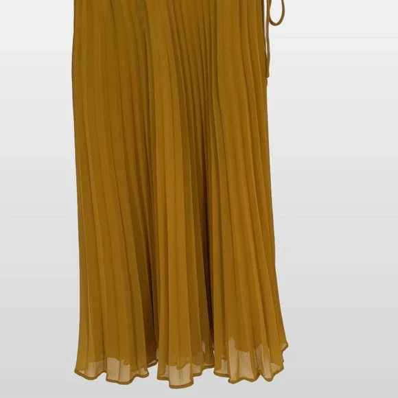 ASOS Pleated Midi Dress 4 Mustard Yellow Spaghetti Strap Elegant Wedding Guest - Picture 3 of 9